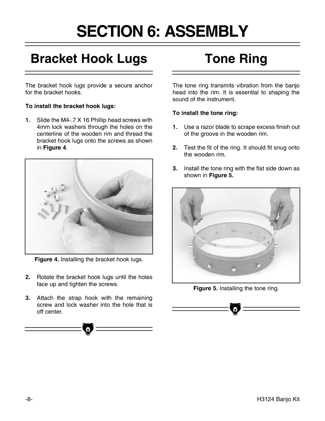 Grizzly H3124 Assembly, Bracket Hook Lugs, Tone Ring, To install the bracket hook lugs, To install the tone ring 