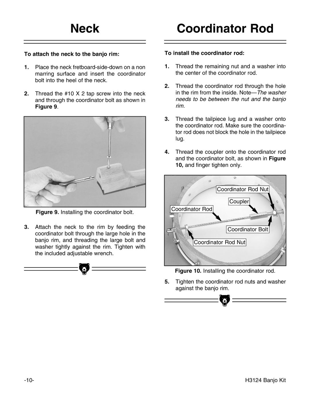 Grizzly H3124 instruction manual Coordinator Rod, To attach the neck to the banjo rim, To install the coordinator rod 