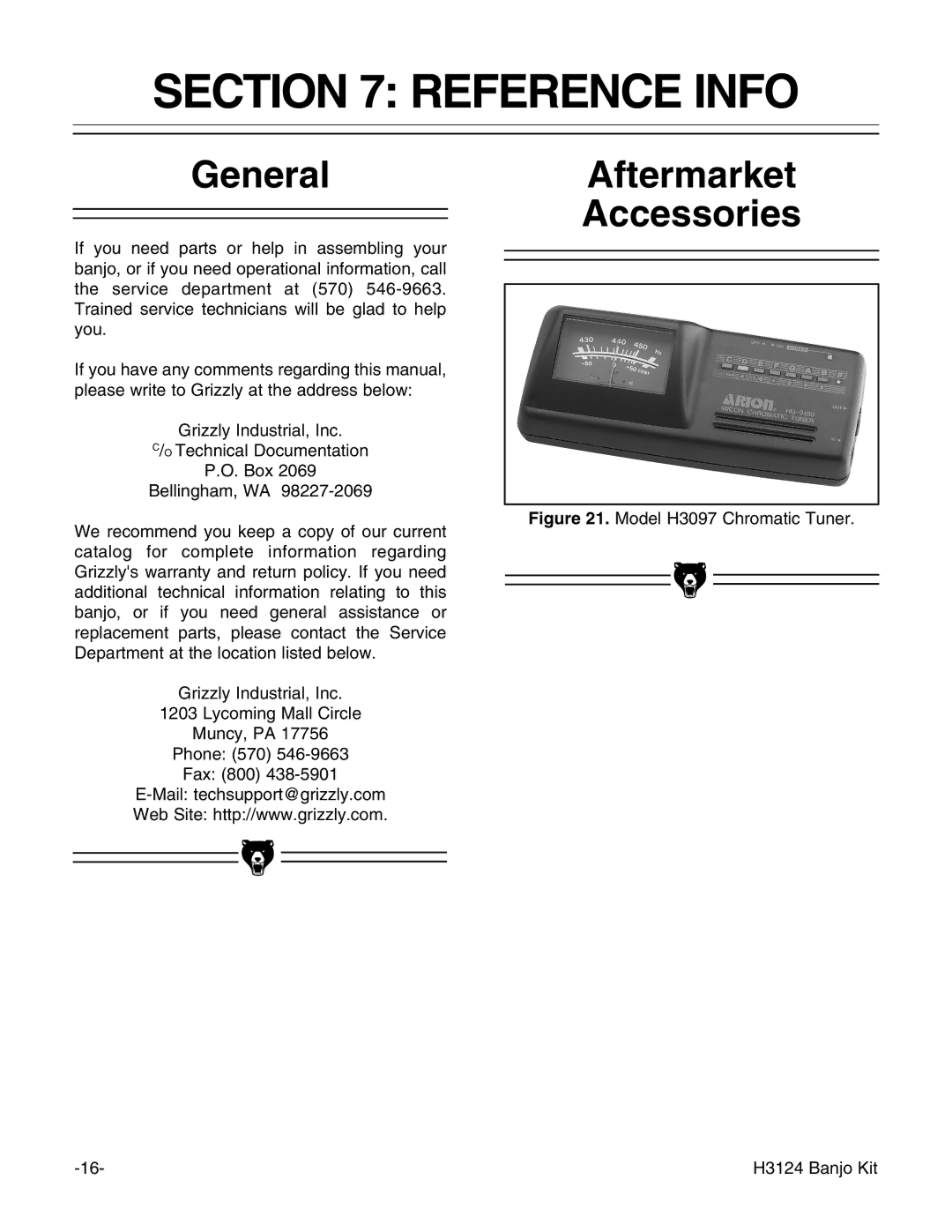 Grizzly H3124 instruction manual Reference Info, General, Aftermarket Accessories 