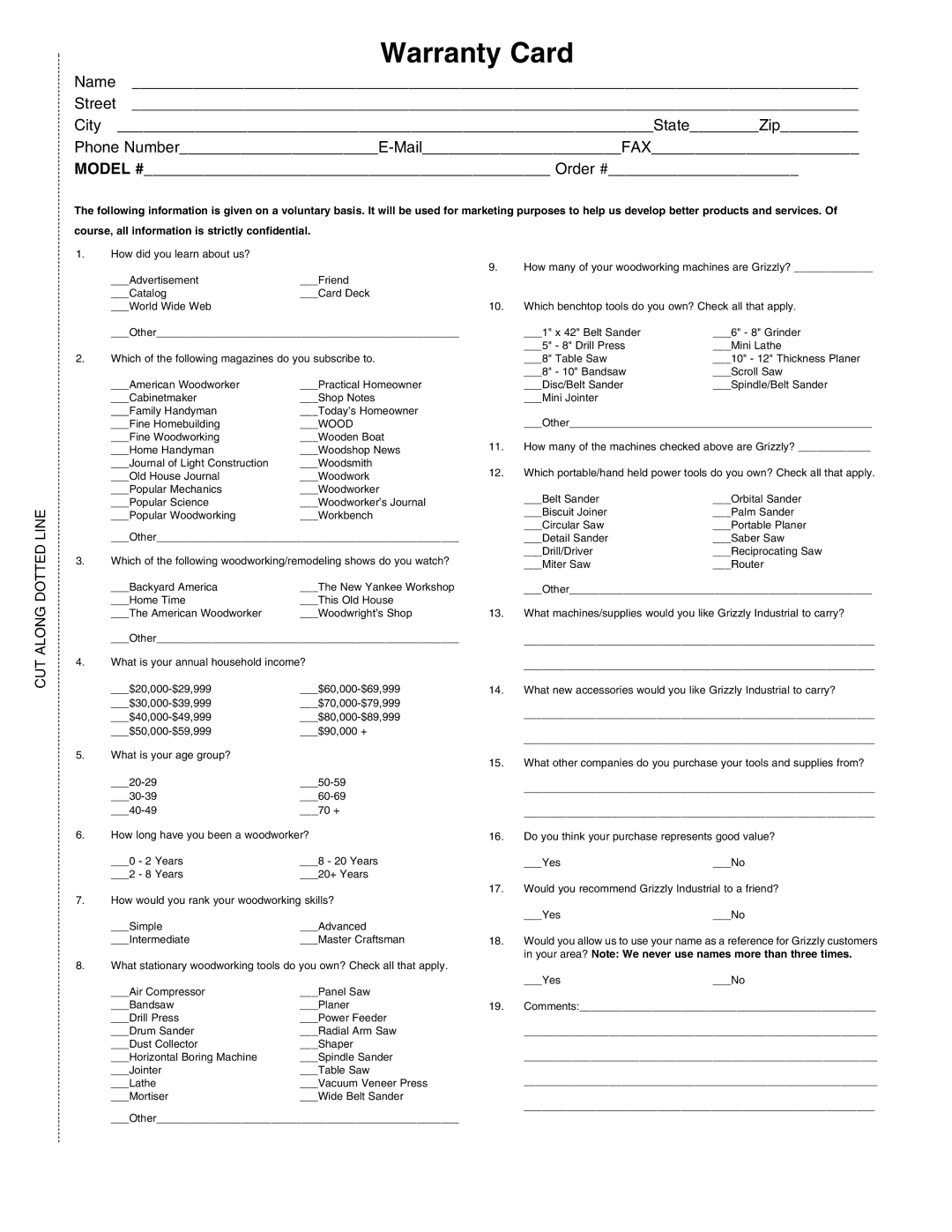 Grizzly H3124 instruction manual Warranty Card 