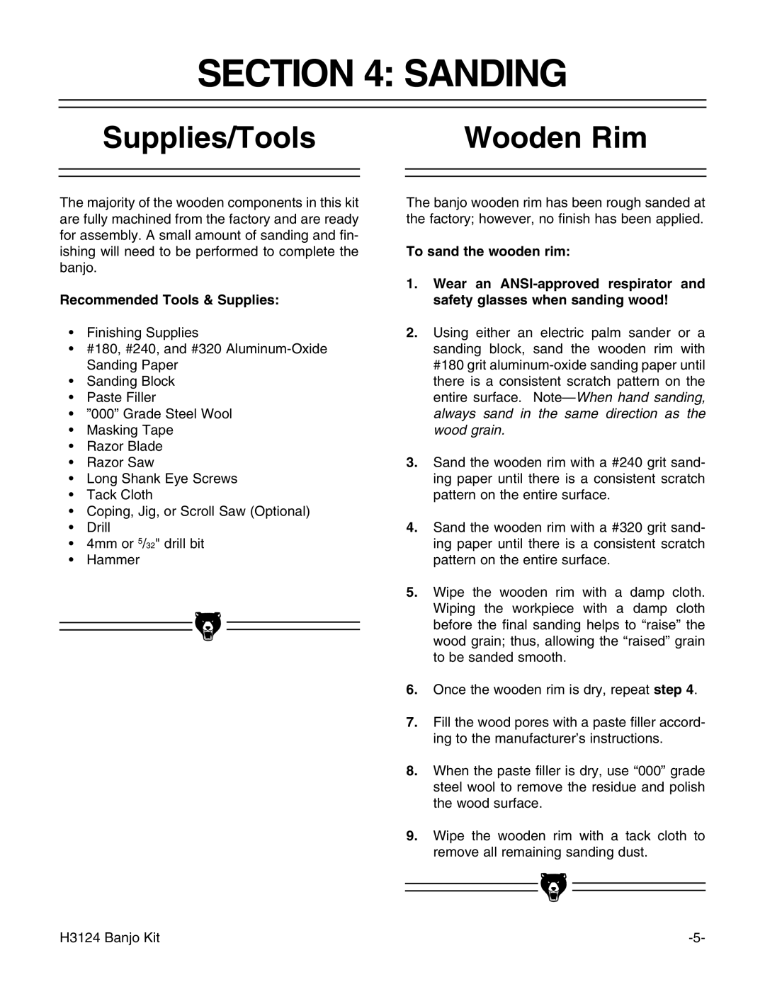 Grizzly H3124 instruction manual Sanding, Supplies/Tools Wooden Rim, Recommended Tools & Supplies 