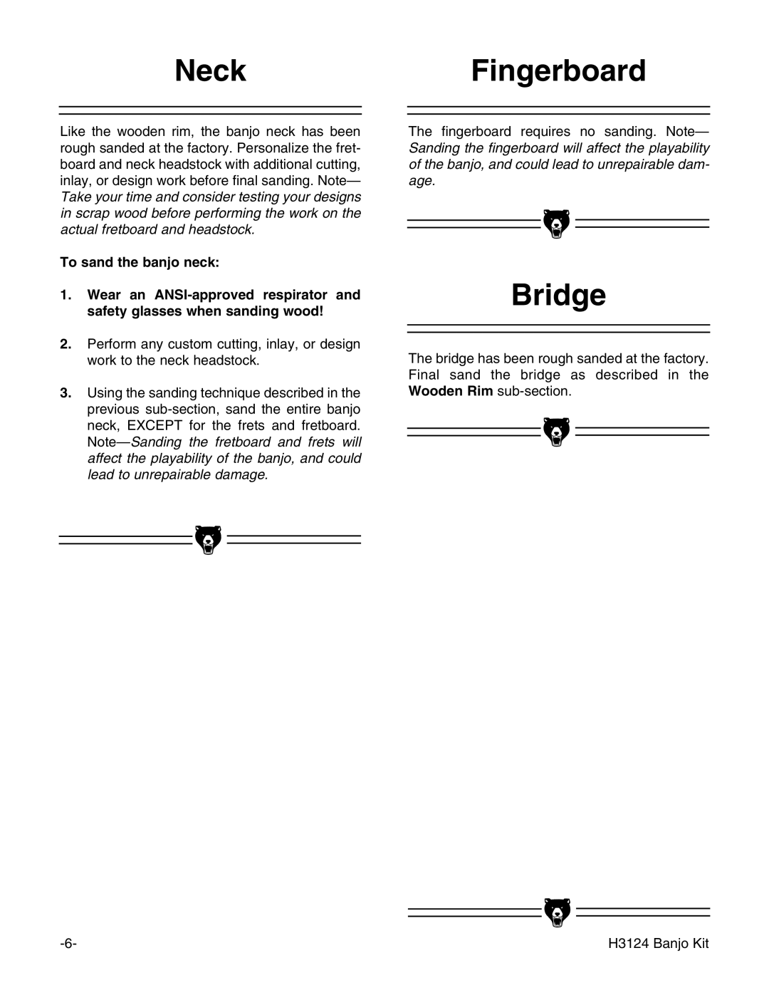 Grizzly H3124 instruction manual NeckFingerboard, Bridge 