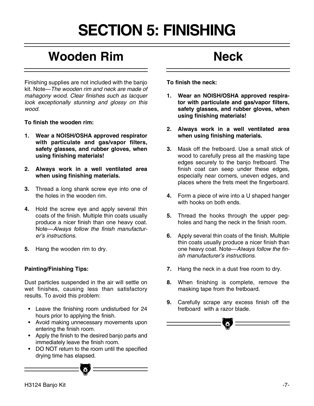 Grizzly H3124 instruction manual Wooden Rim Neck, Painting/Finishing Tips 