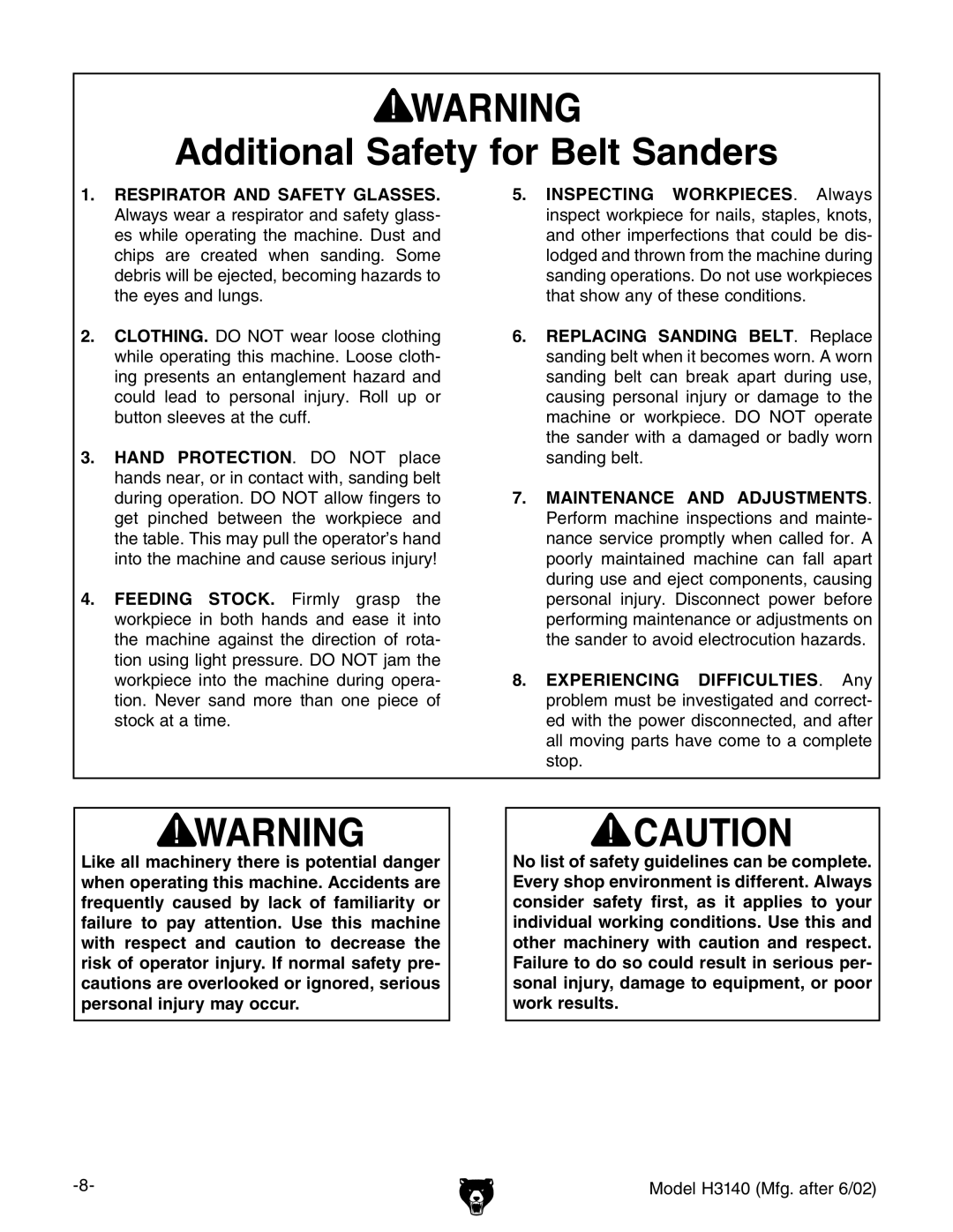 Grizzly H3140 owner manual Additional Safety for Belt Sanders, Respirator and Safety Glasses 