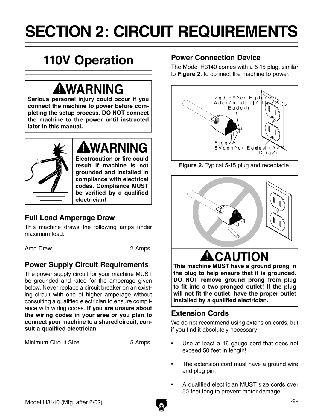 Grizzly H3140 owner manual Circuit Requirements, 110V Operation 