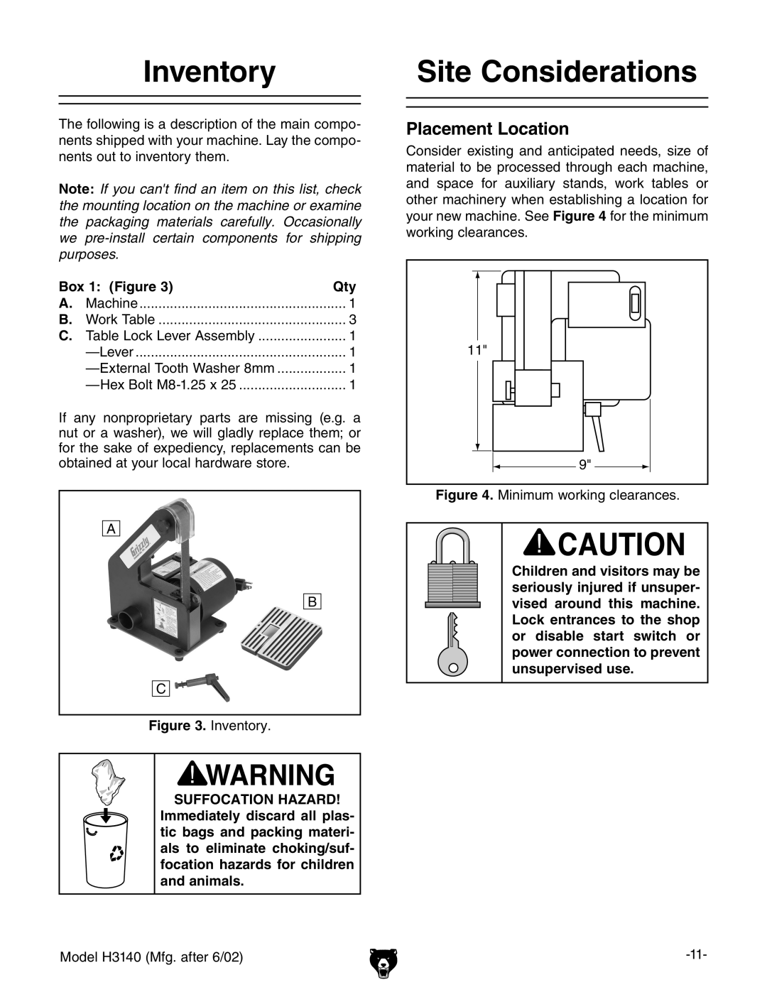 Grizzly H3140 owner manual Inventory, Site Considerations, Box 1 Figure Qty, Suffocation Hazard 