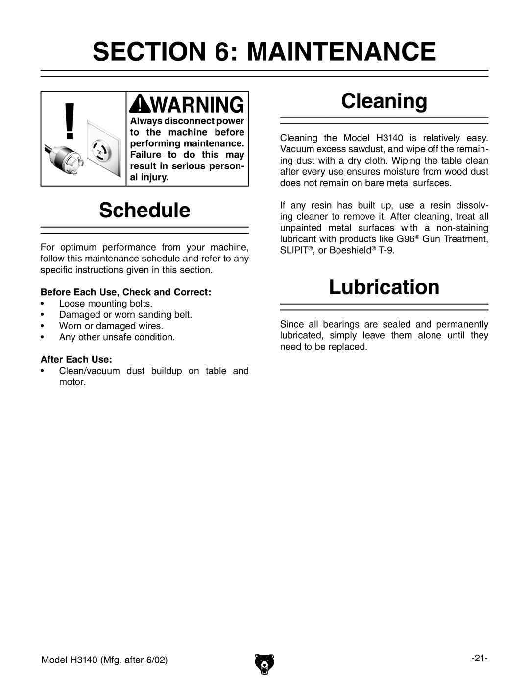 Grizzly H3140 owner manual Maintenance, Schedule, Cleaning, Lubrication 
