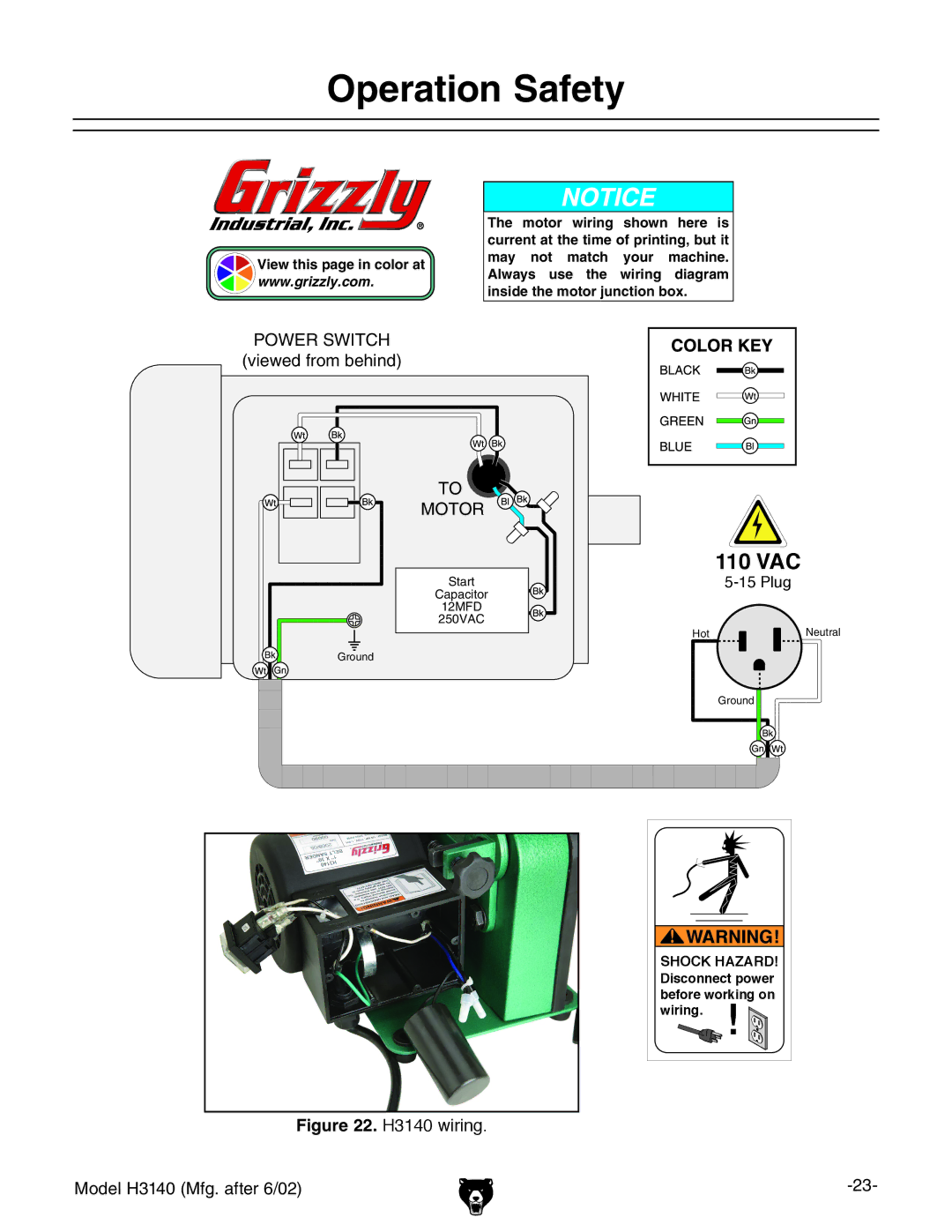 Grizzly H3140 owner manual Operation Safety, 110 VAC 