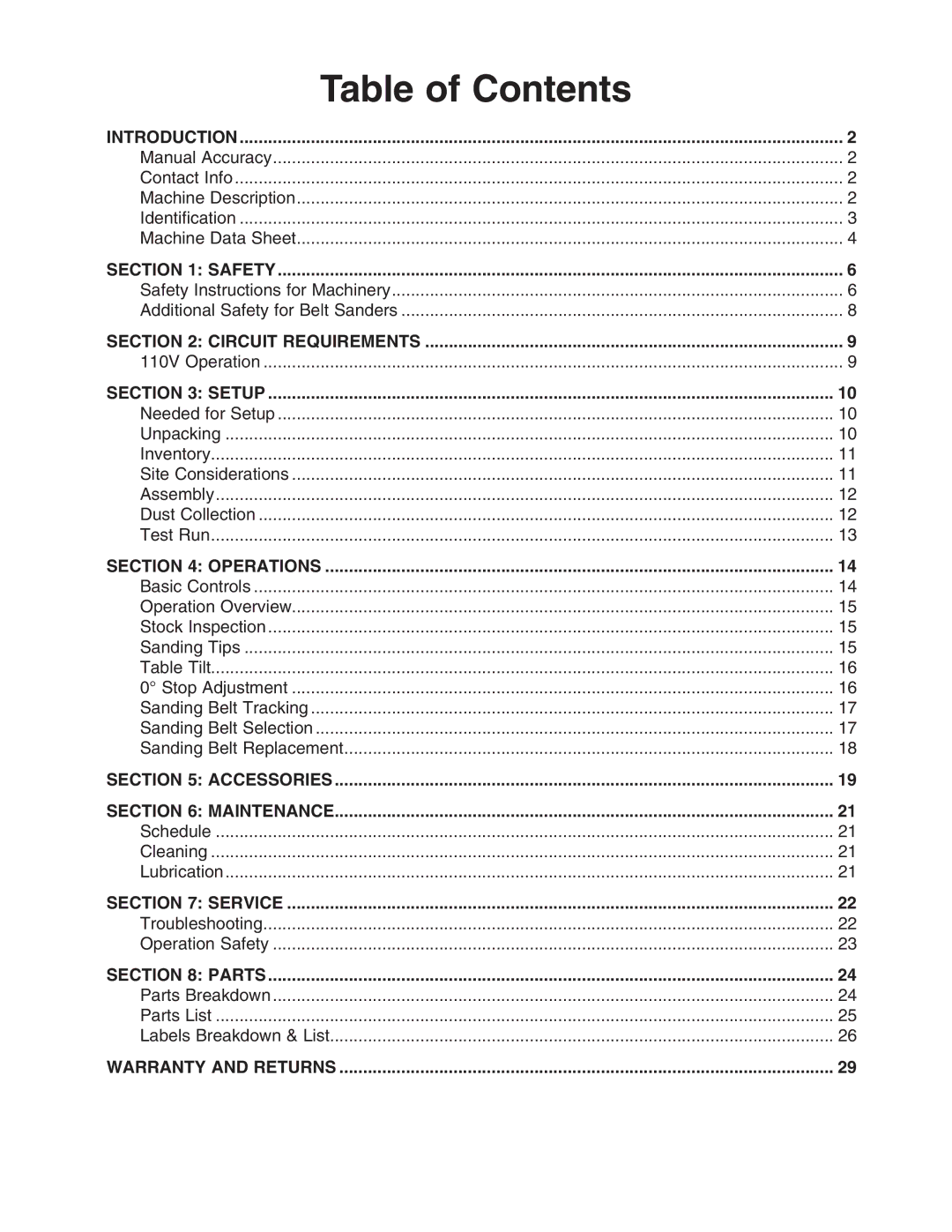 Grizzly H3140 owner manual Table of Contents 