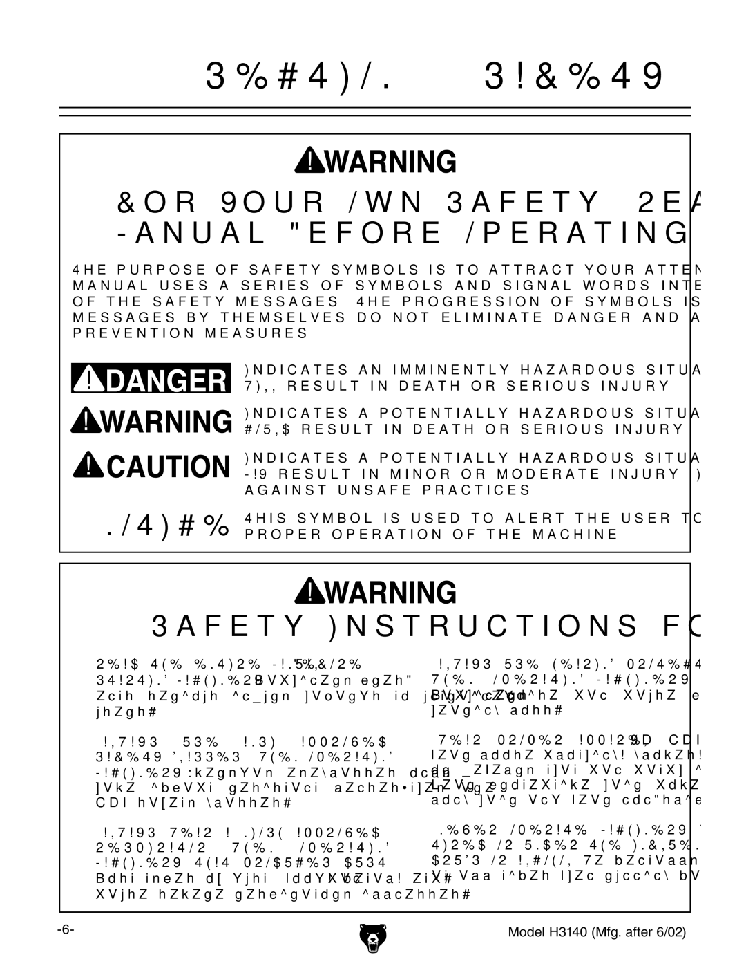 Grizzly H3140 owner manual Safety Instructions for Machinery 