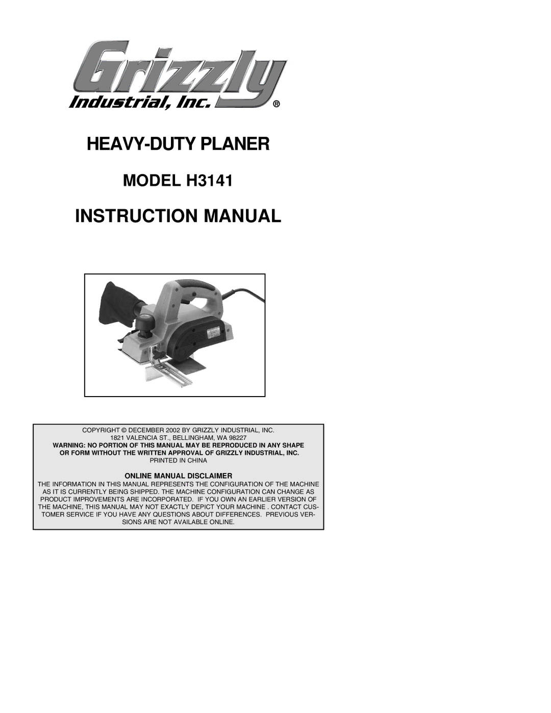 Grizzly instruction manual HEAVY-DUTY Planer, Model H3141 