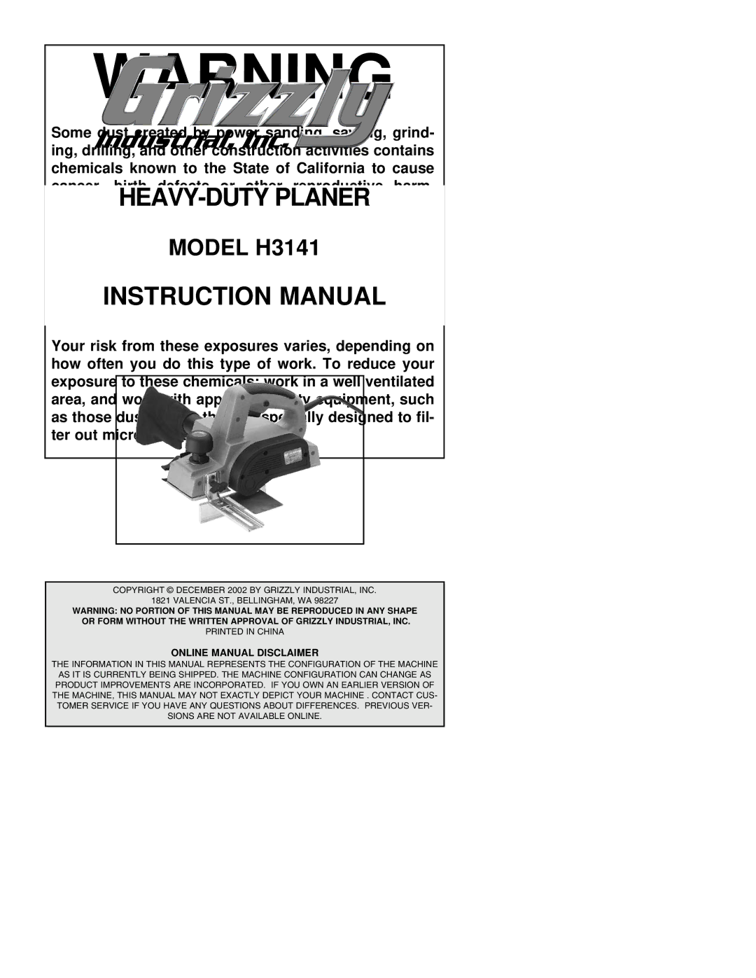 Grizzly H3141 instruction manual 