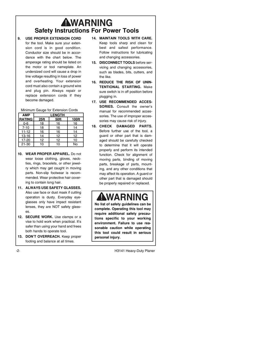 Grizzly H3141 instruction manual Safety Instructions For Power Tools, 100ft 