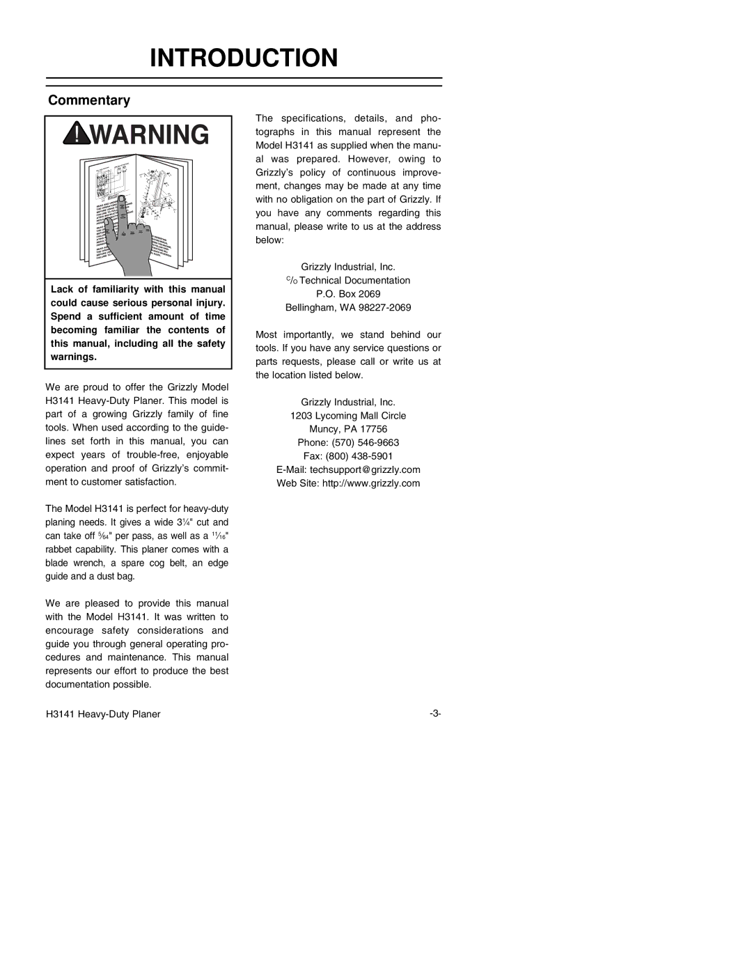 Grizzly H3141 instruction manual Introduction, Commentary 