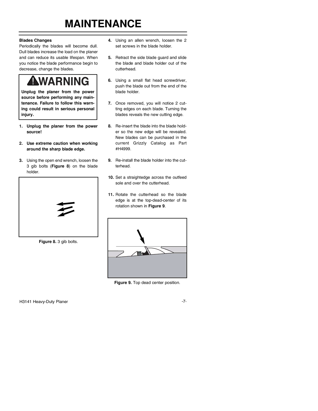 Grizzly H3141 instruction manual Maintenance, Blades Changes 