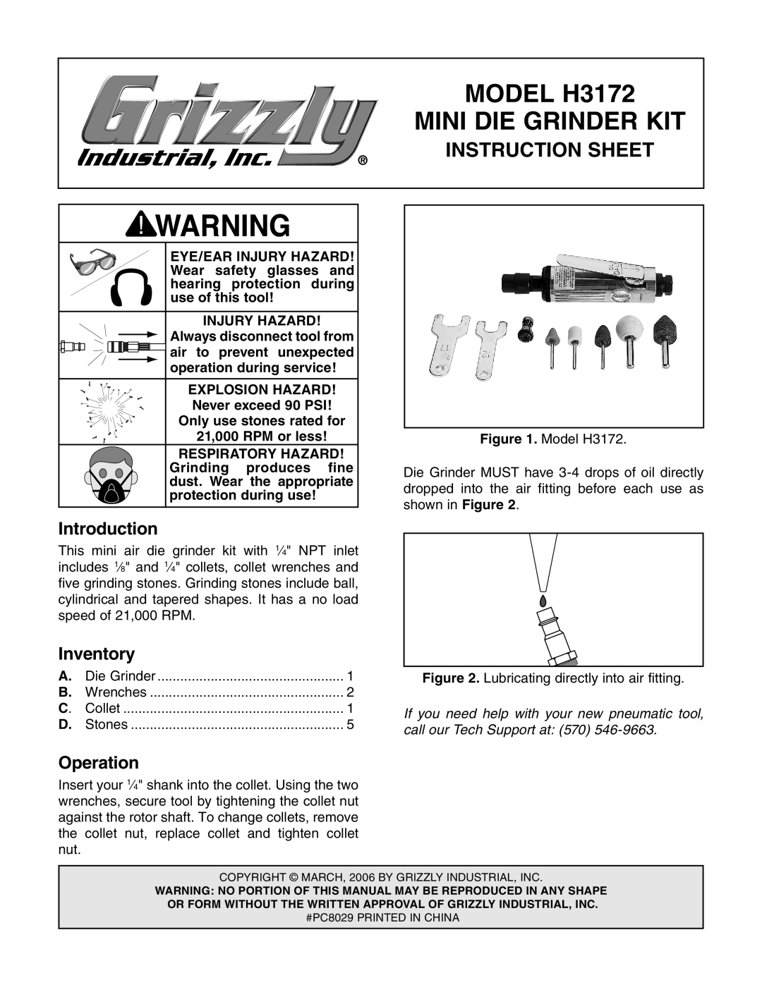 Grizzly instruction sheet Model H3172, Mini DIE Grinder KIT, Instruction Sheet 