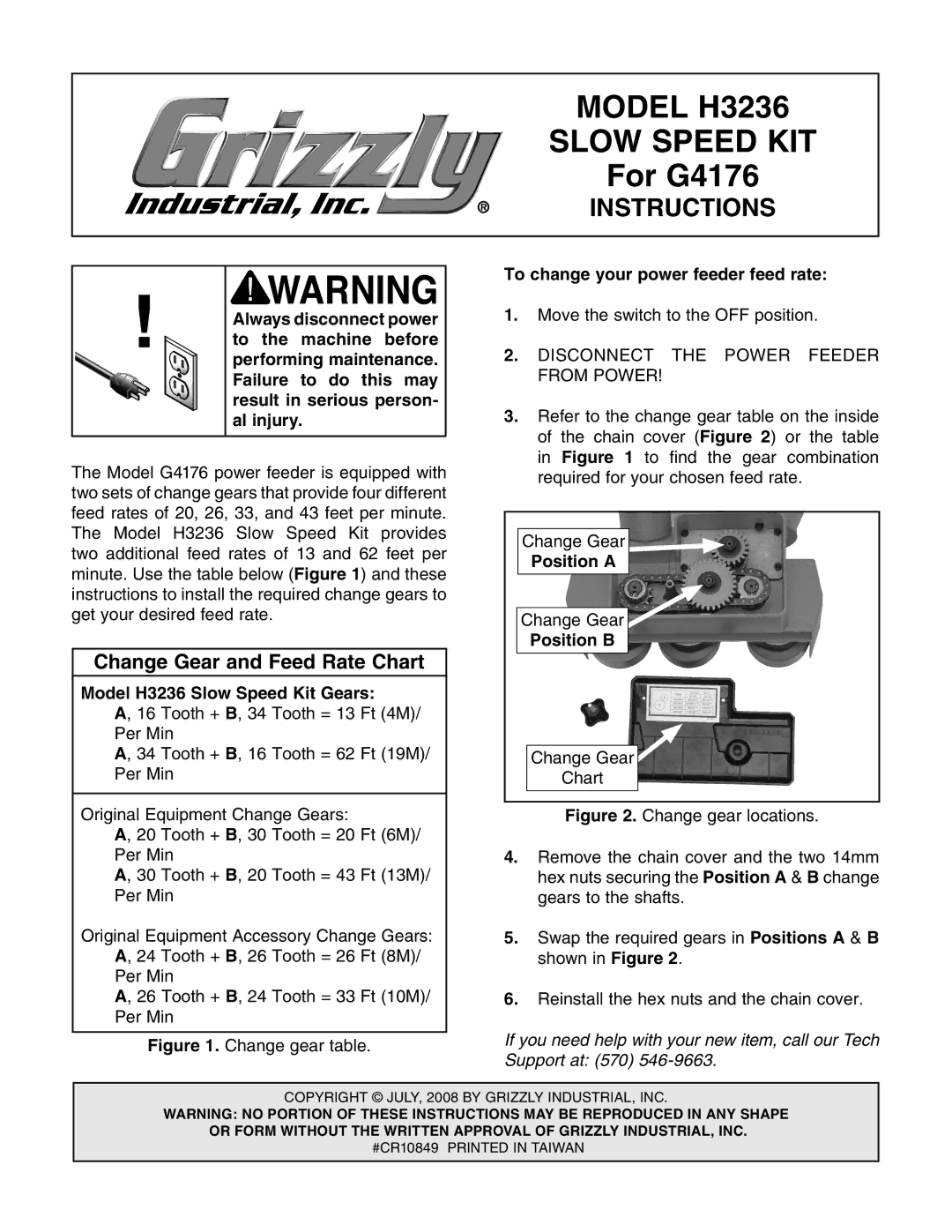 Grizzly manual Model H3236 Slow Speed KIT, For G4176, Instructions, Change Gear and Feed Rate Chart 