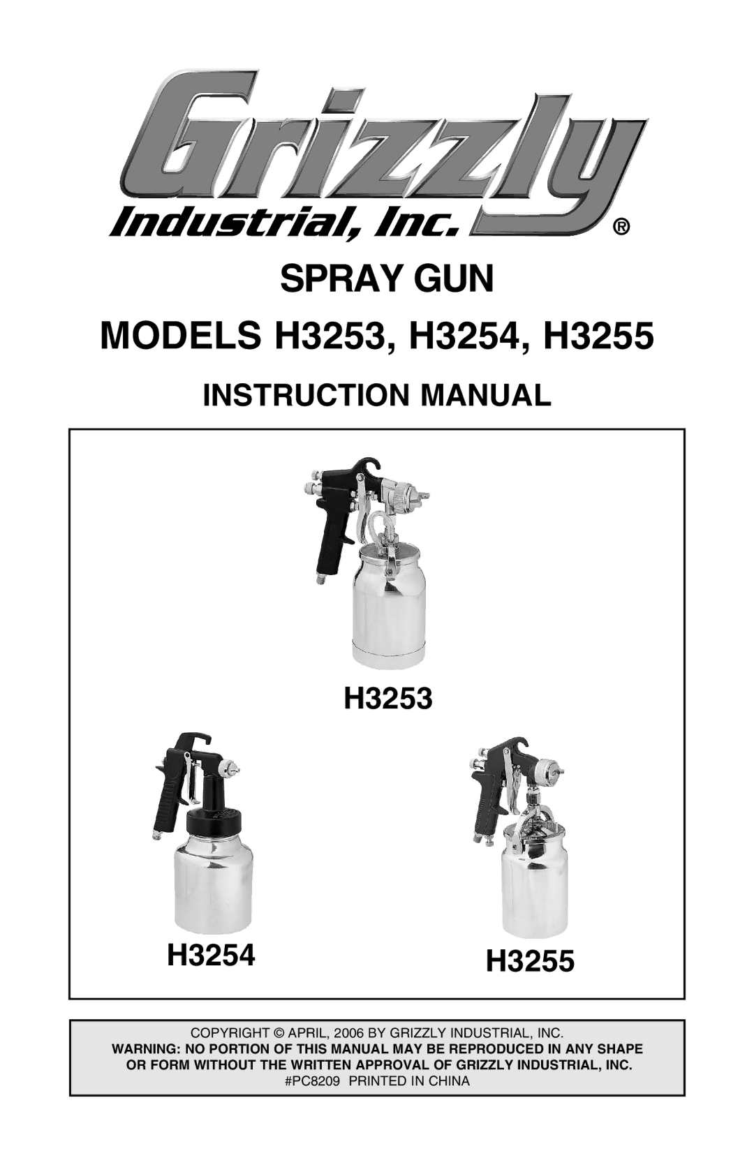 Grizzly H3253 instruction manual Spray GUN 