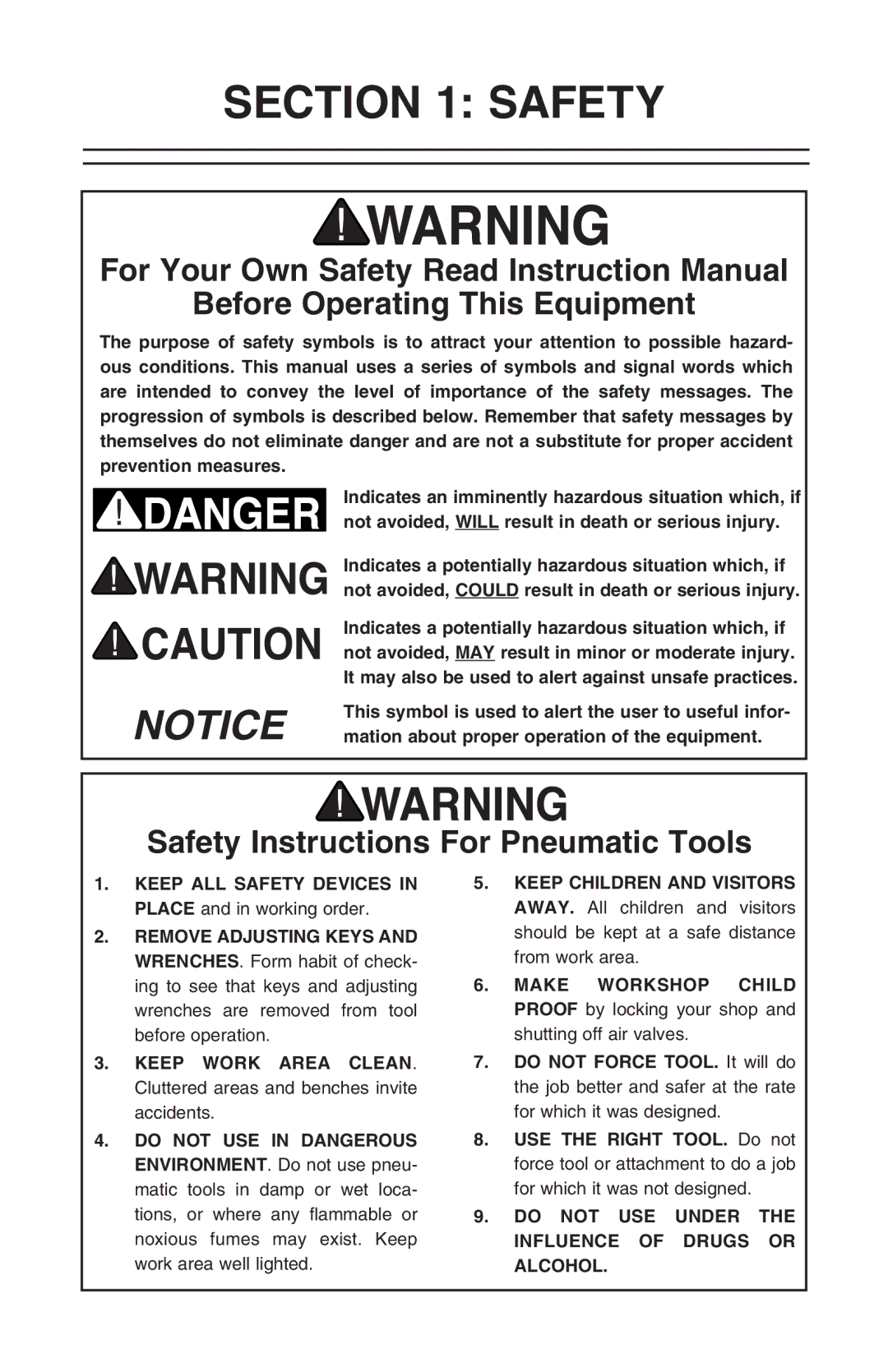 Grizzly H3253 instruction manual Before Operating This Equipment, Safety Instructions For Pneumatic Tools 