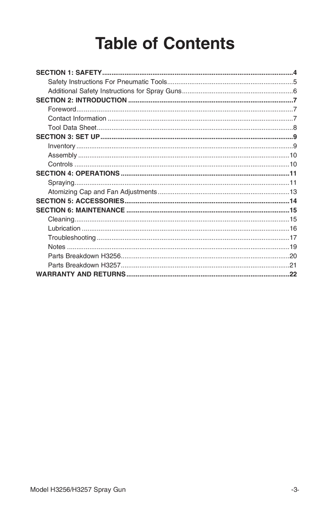 Grizzly H3256, H3257 instruction manual Table of Contents 