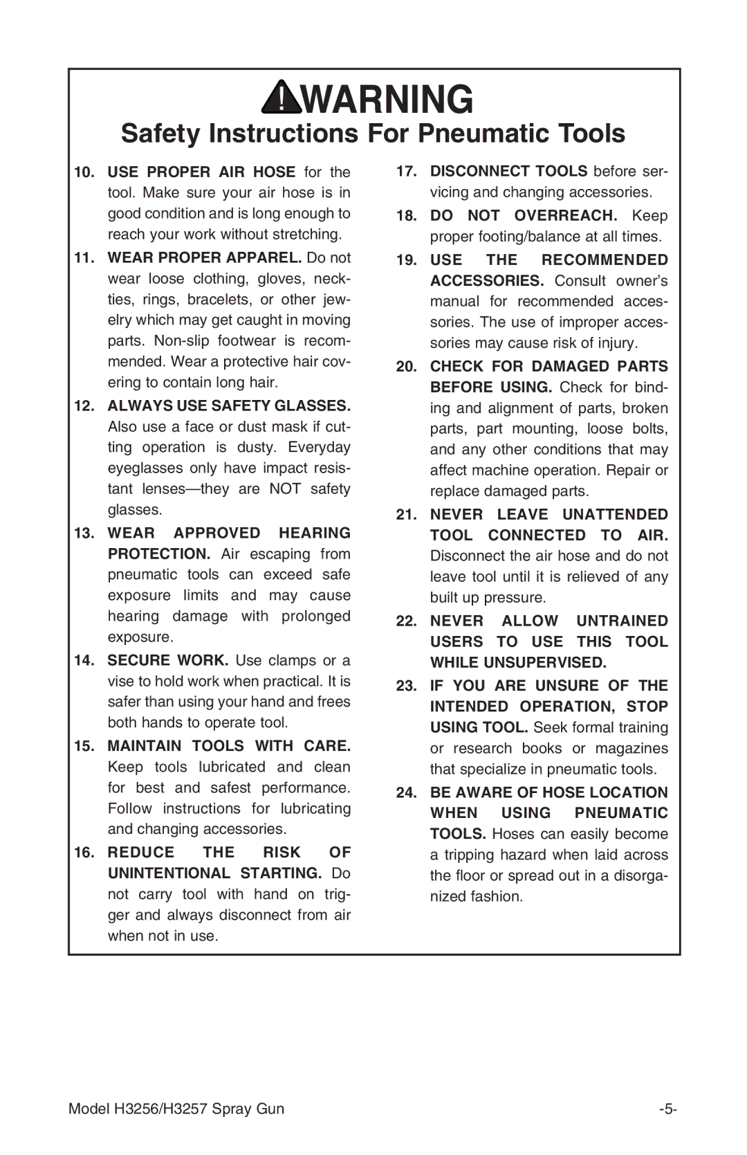 Grizzly H3256, H3257 instruction manual Safety Instructions For Pneumatic Tools 