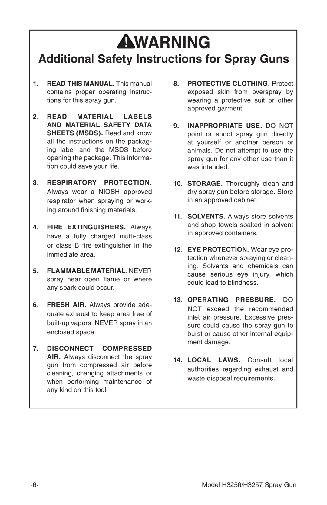 Grizzly H3257, H3256 instruction manual Additional Safety Instructions for Spray Guns, Operating PRESSURE. do 