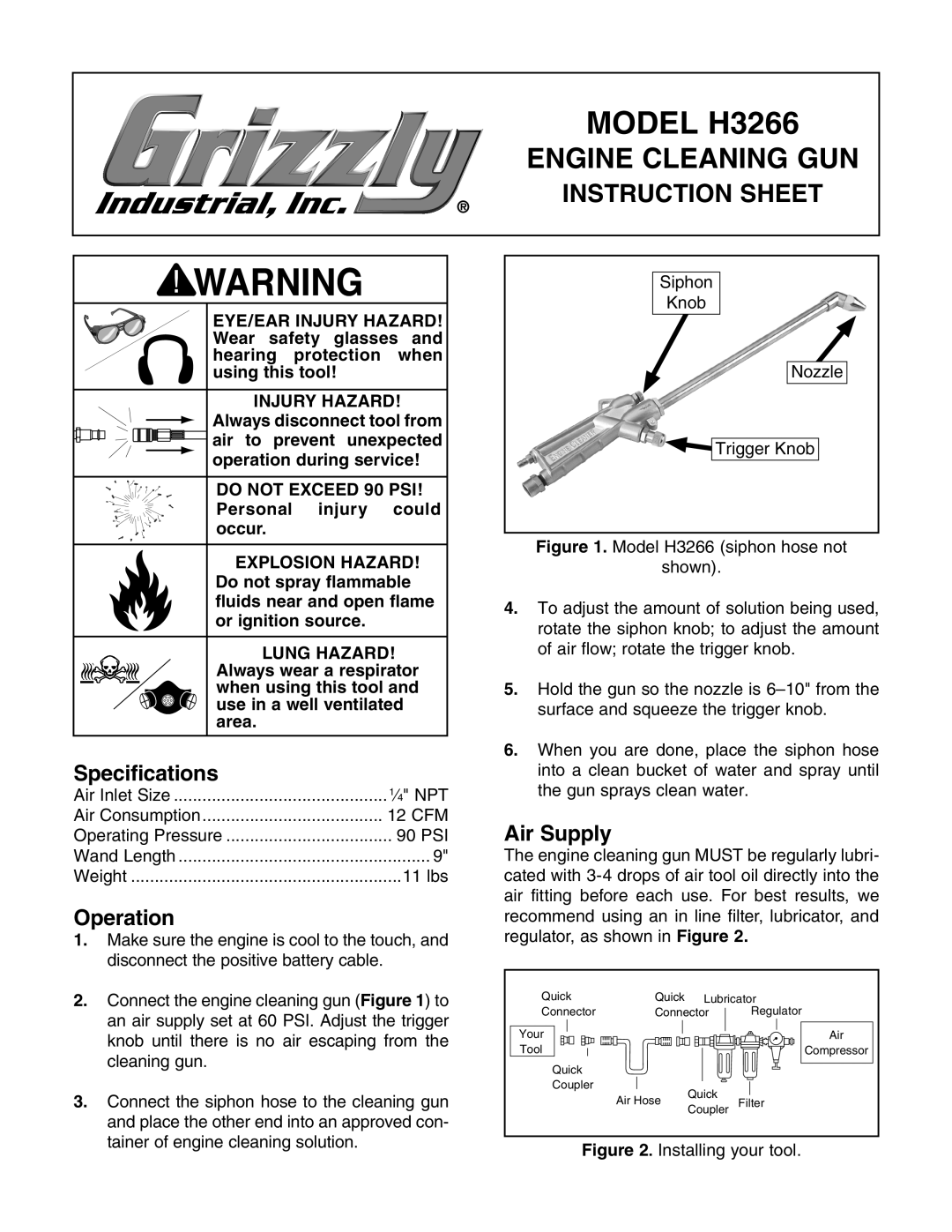 Grizzly specifications Model H3266, Engine Cleaning GUN, Instruction Sheet 