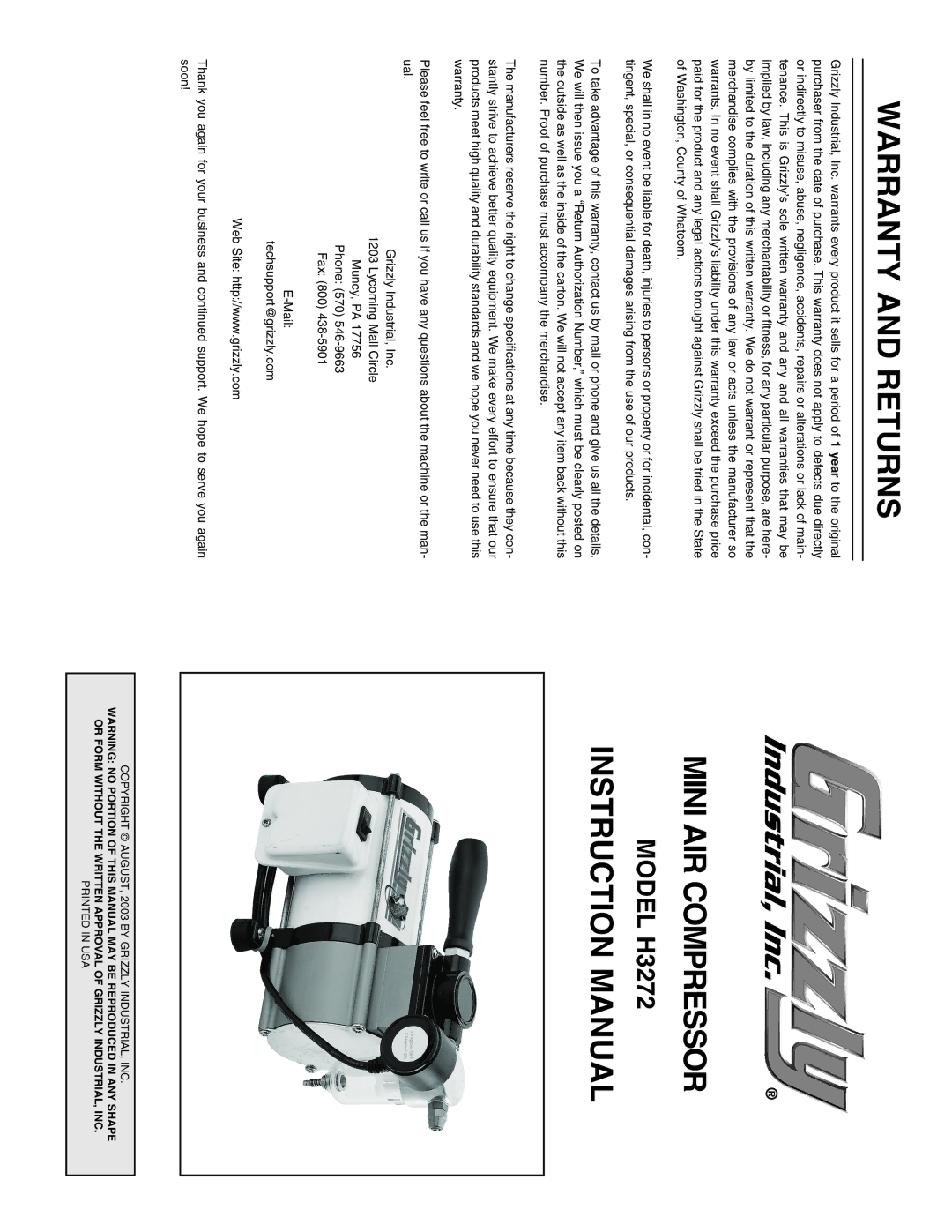 Grizzly H3272 warranty Warranty and Returns, Mini AIR Compressor, Copyright AUGUST, 2003 by Grizzly INDUSTRIAL, INC 