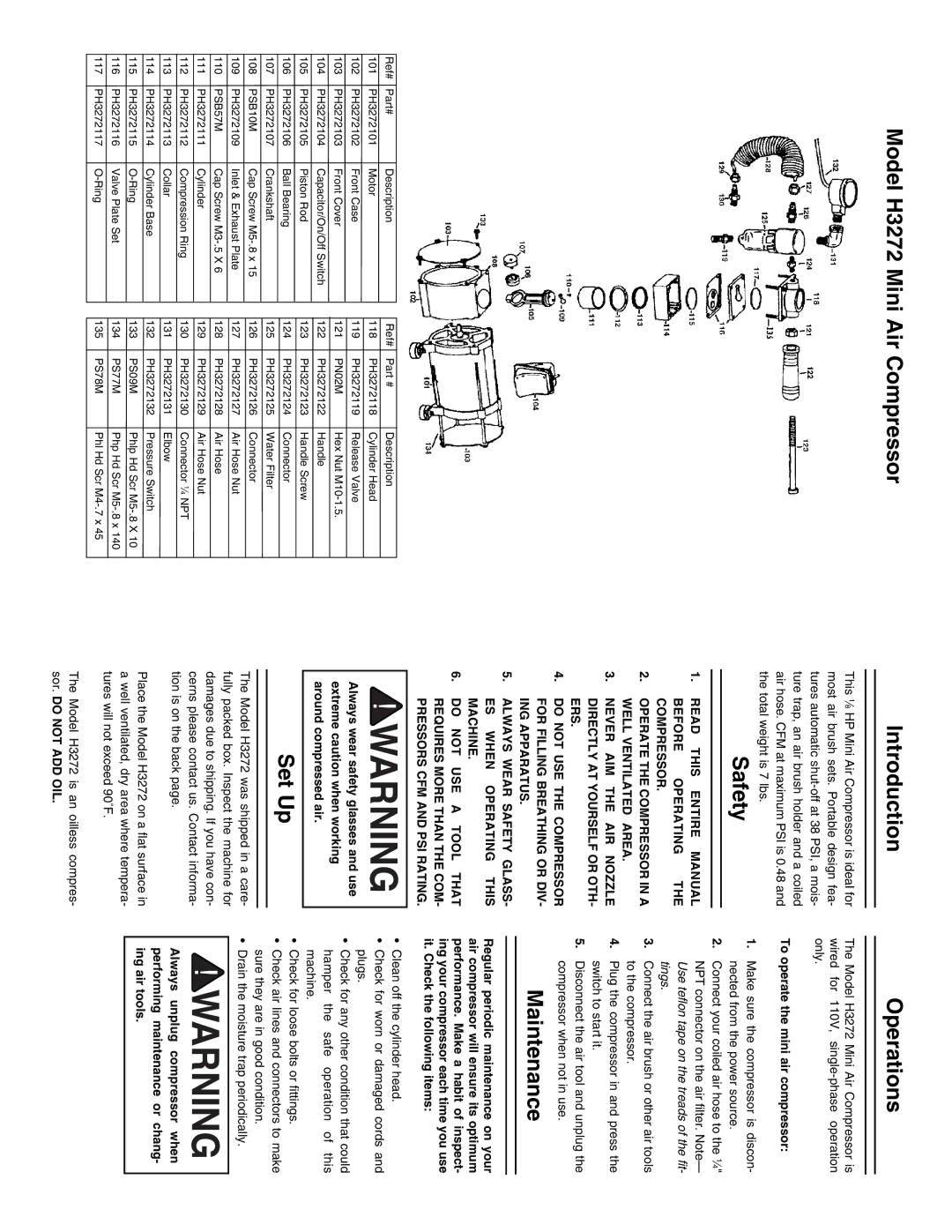 Grizzly warranty Model H3272 Mini Air Compressor IntroductionOperations, Safety, Maintenance, Set Up 