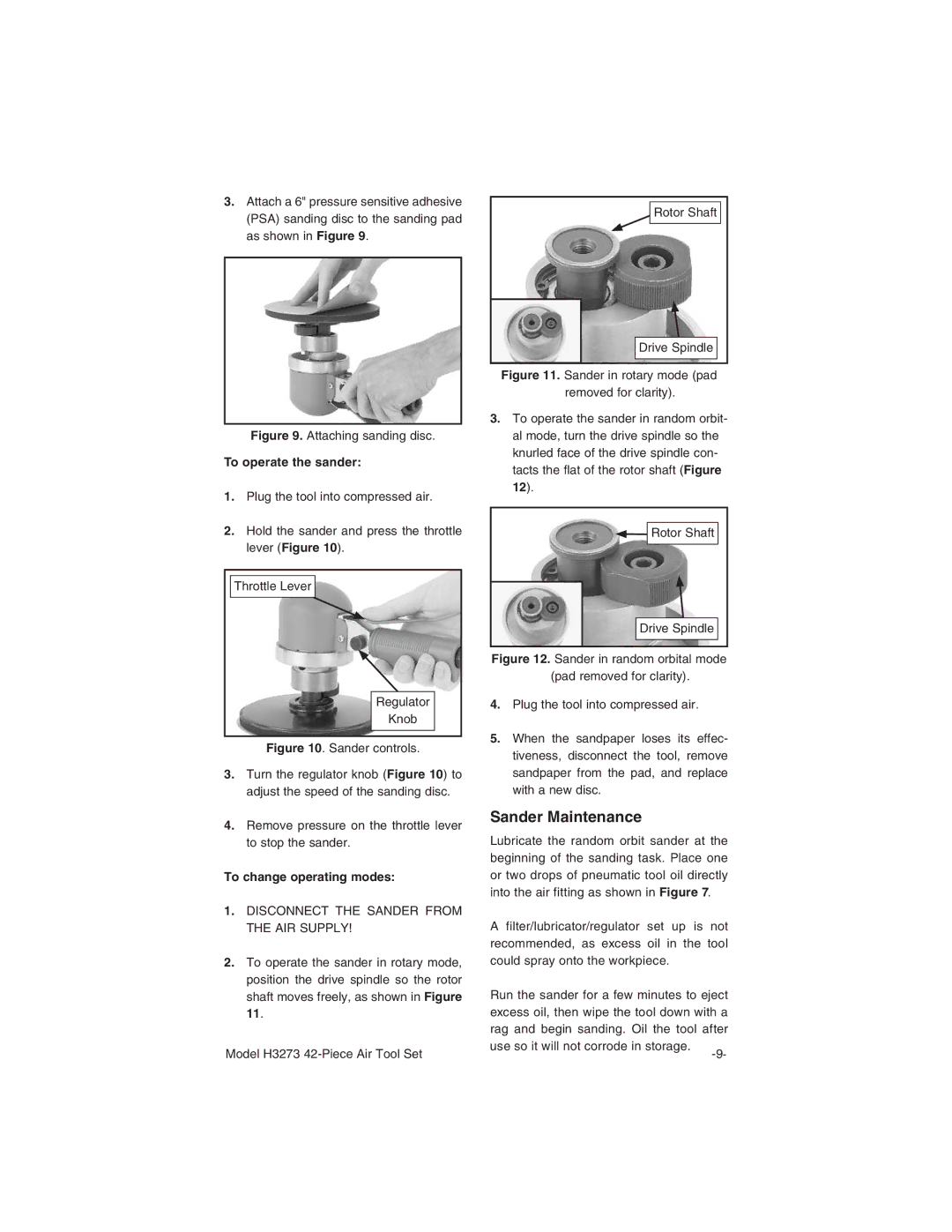 Grizzly H3273 instruction manual Sander Maintenance, To operate the sander, 12#, To change operating modes 