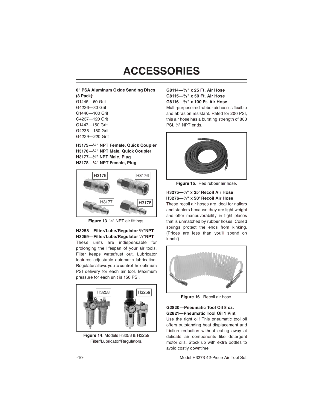 Grizzly H3273 instruction manual Accessories, PSA Aluminum Oxide Sanding Discs 3 Pack, =&,+ 