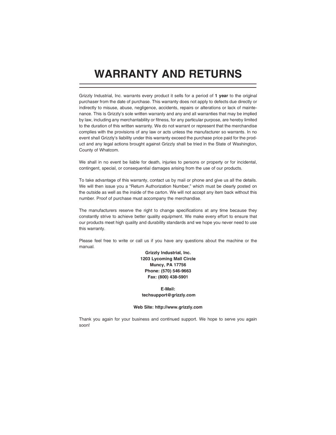 Grizzly H3273 instruction manual Warranty and Returns 