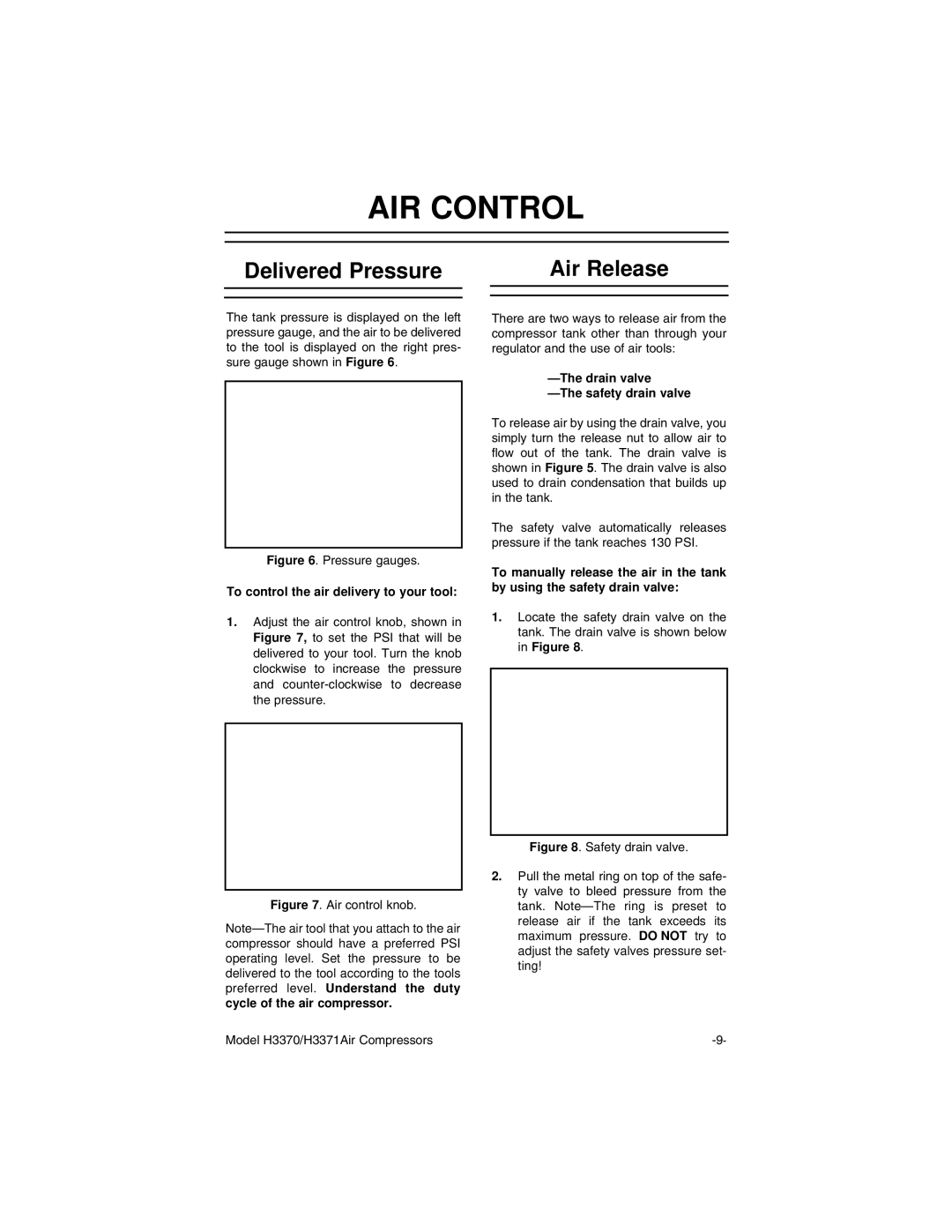 Grizzly H3370/H3371 instruction manual AIR Control, Delivered Pressure Air Release 