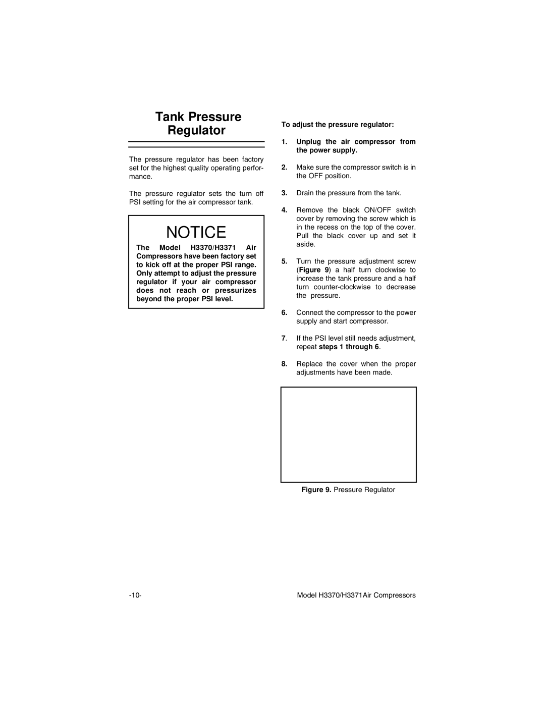 Grizzly instruction manual Tank Pressure Regulator, Pressure Regulator Model H3370/H3371Air Compressors 