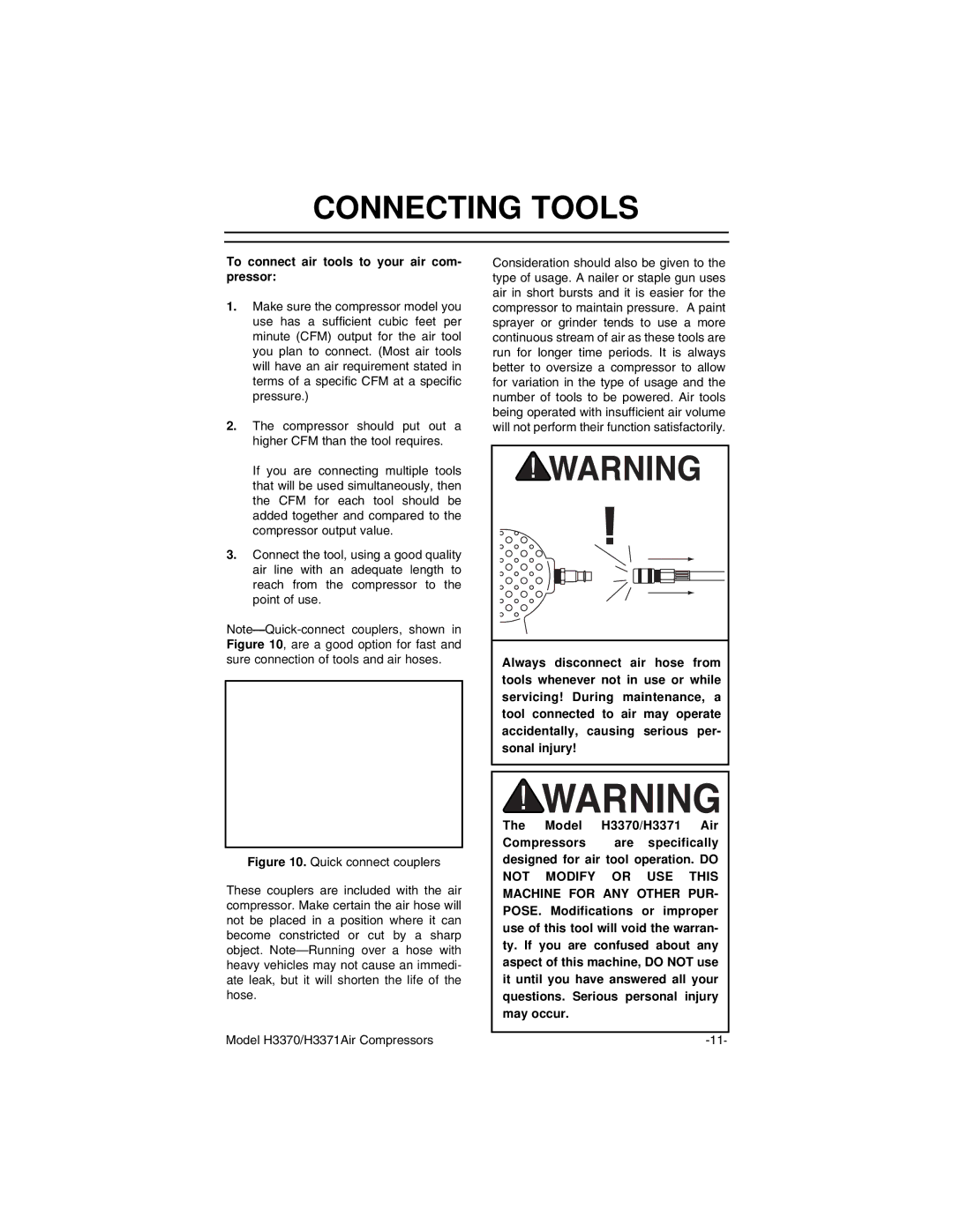 Grizzly H3370/H3371 instruction manual Connecting Tools, To connect air tools to your air com- pressor 