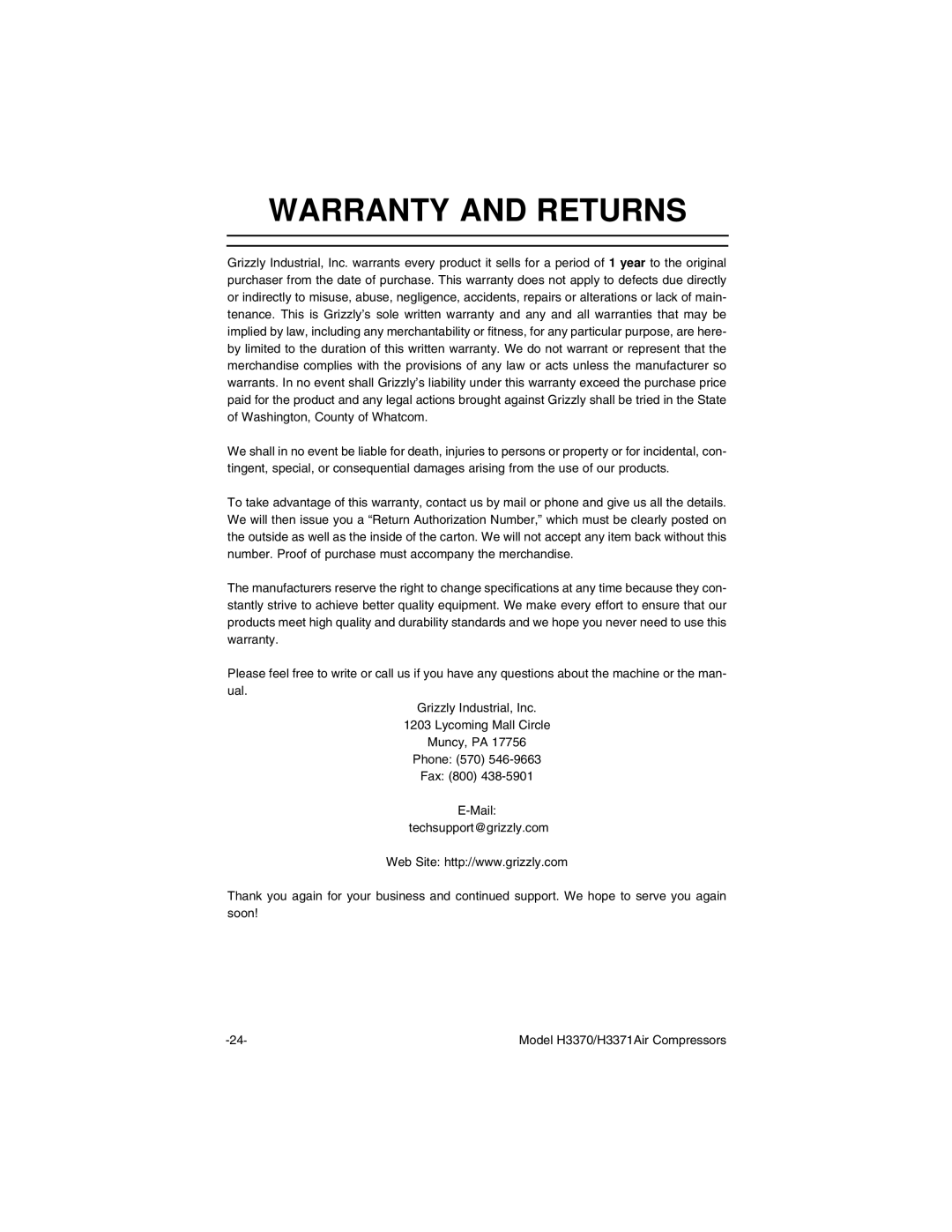 Grizzly H3370/H3371 instruction manual Warranty and Returns 