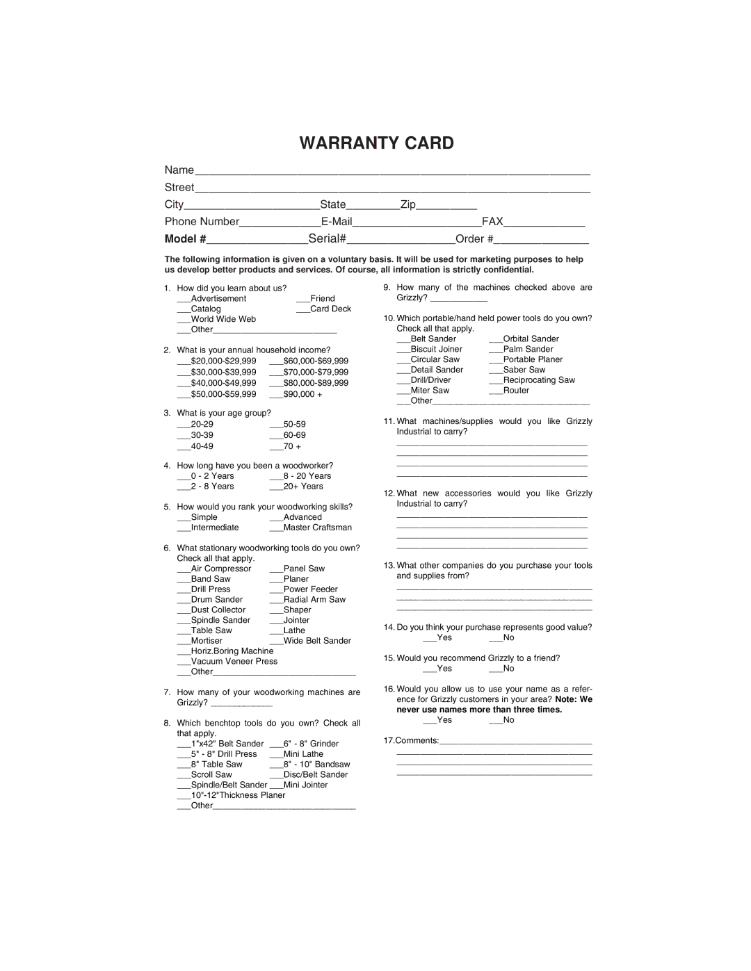 Grizzly H3370/H3371 instruction manual Warranty Card 