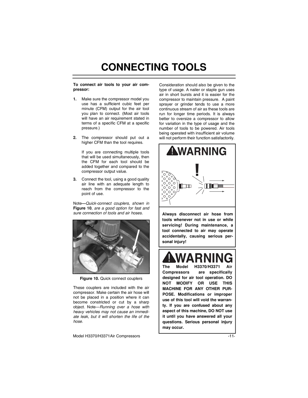 Grizzly H3370, H3371 instruction manual Connecting Tools, To connect air tools to your air com- pressor 