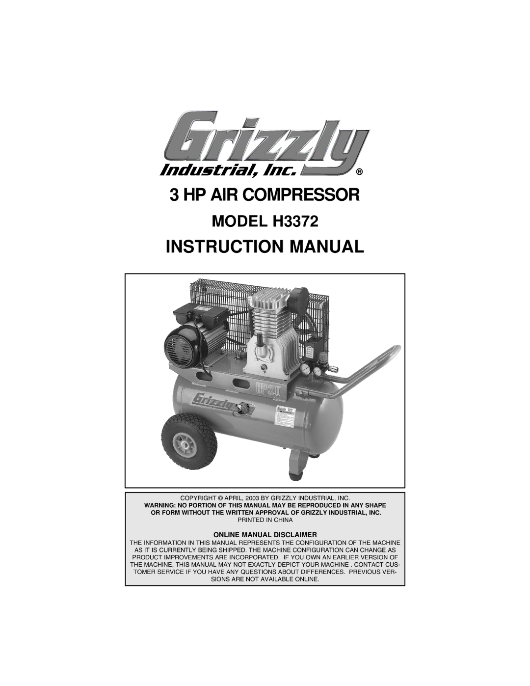 Grizzly instruction manual HP AIR Compressor, Model H3372 