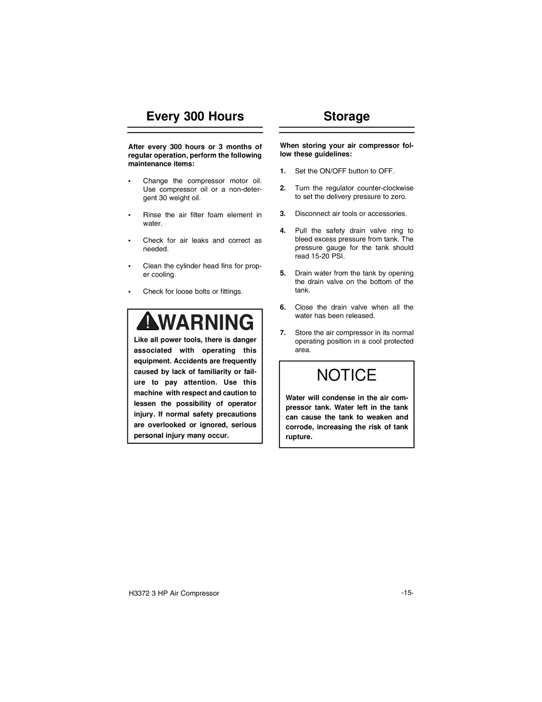 Grizzly H3372 instruction manual Every 300 Hours Storage, When storing your air compressor fol- low these guidelines 