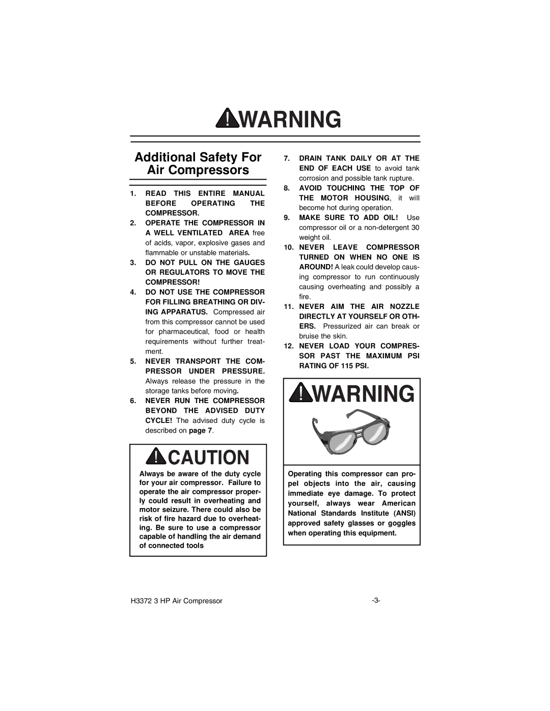 Grizzly H3372 Additional Safety For Air Compressors, Read this Entire Manual Before Operating the Compressor 