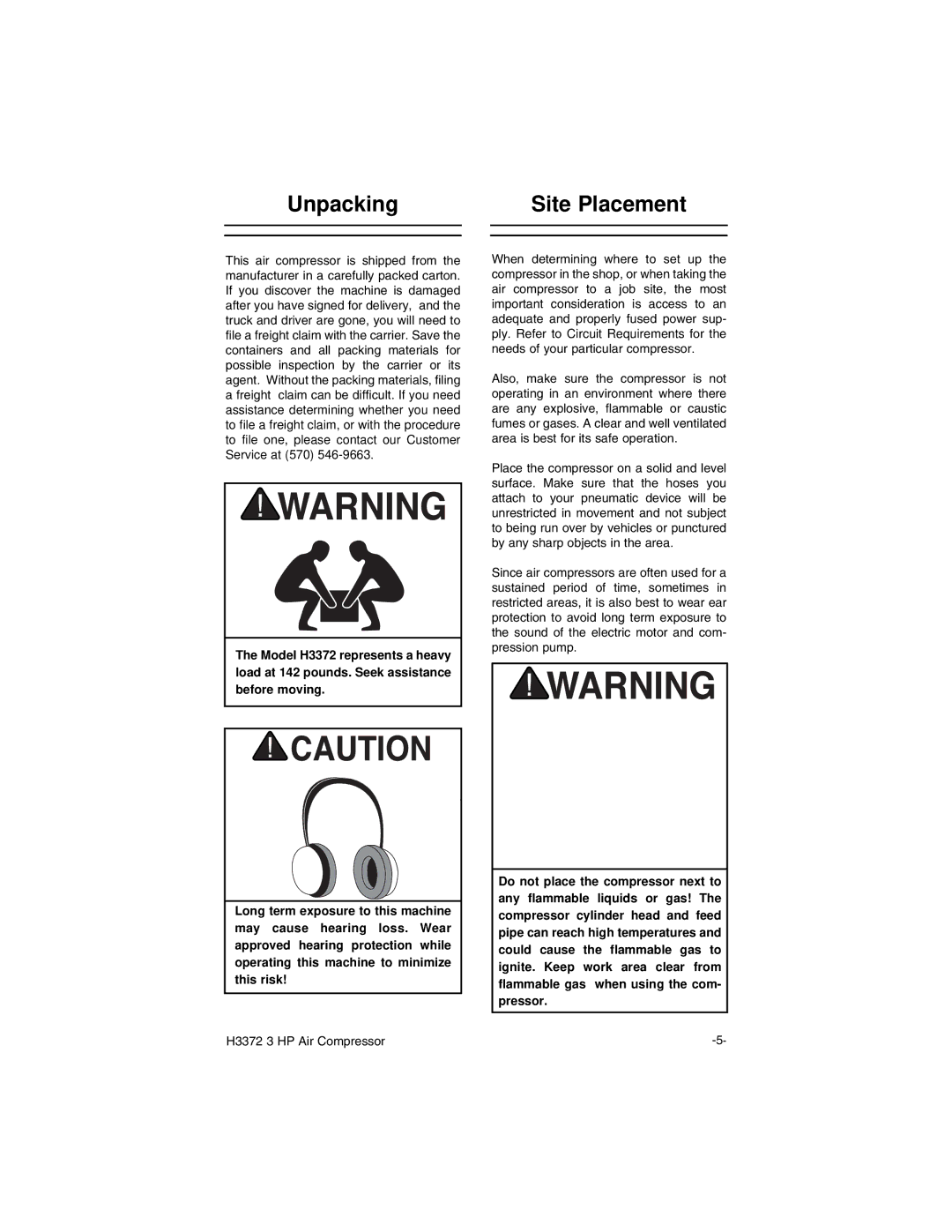 Grizzly H3372 instruction manual Unpacking Site Placement 