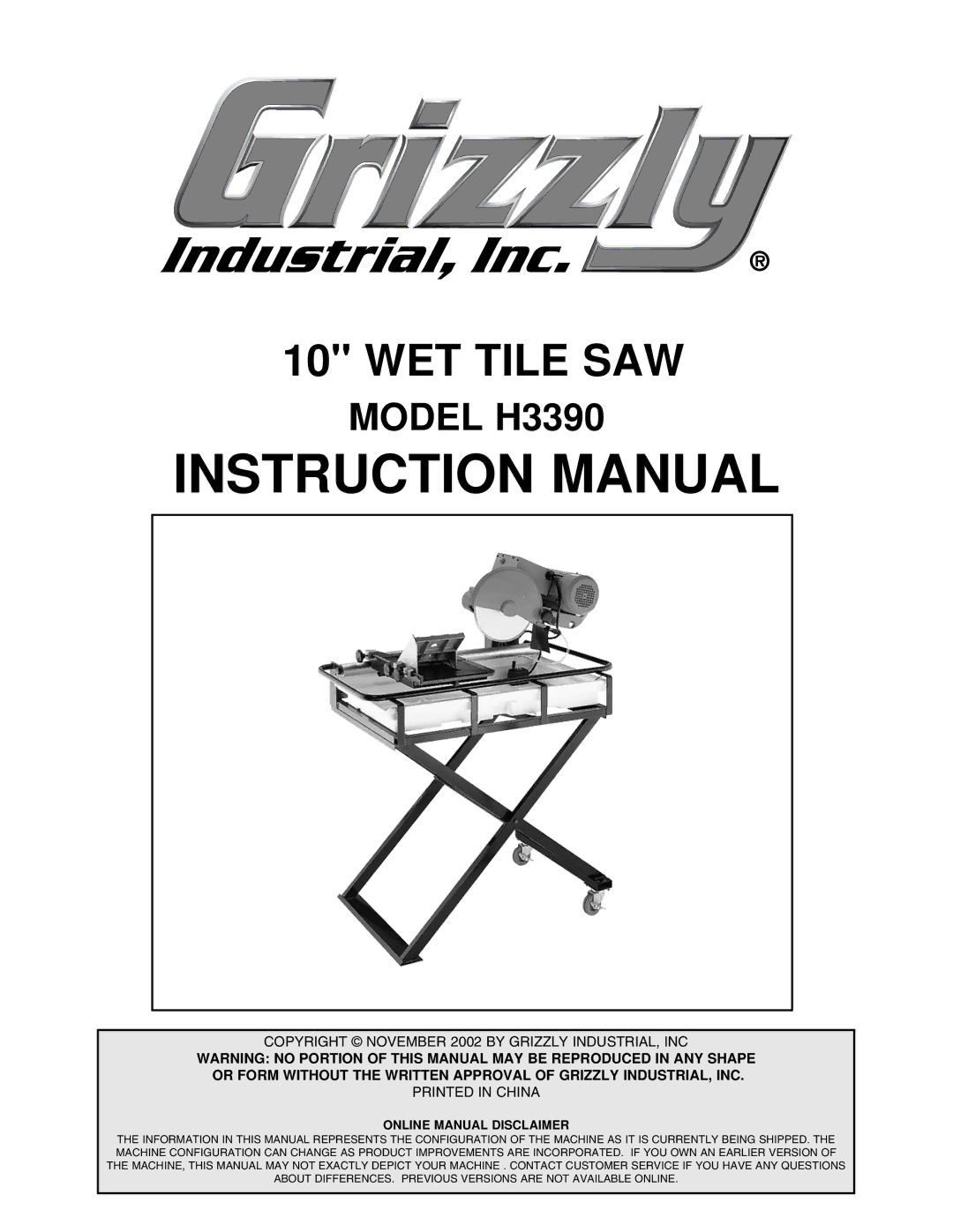 Grizzly H3390 instruction manual WET Tile SAW 