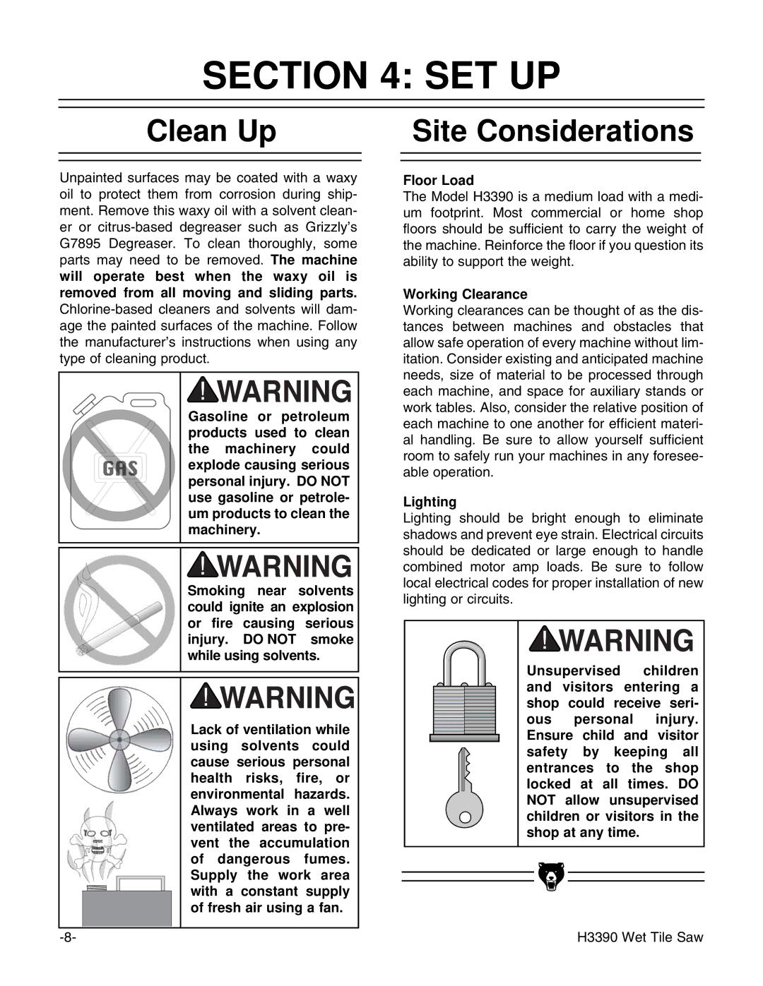 Grizzly H3390 instruction manual Set Up, Clean Up, Site Considerations 