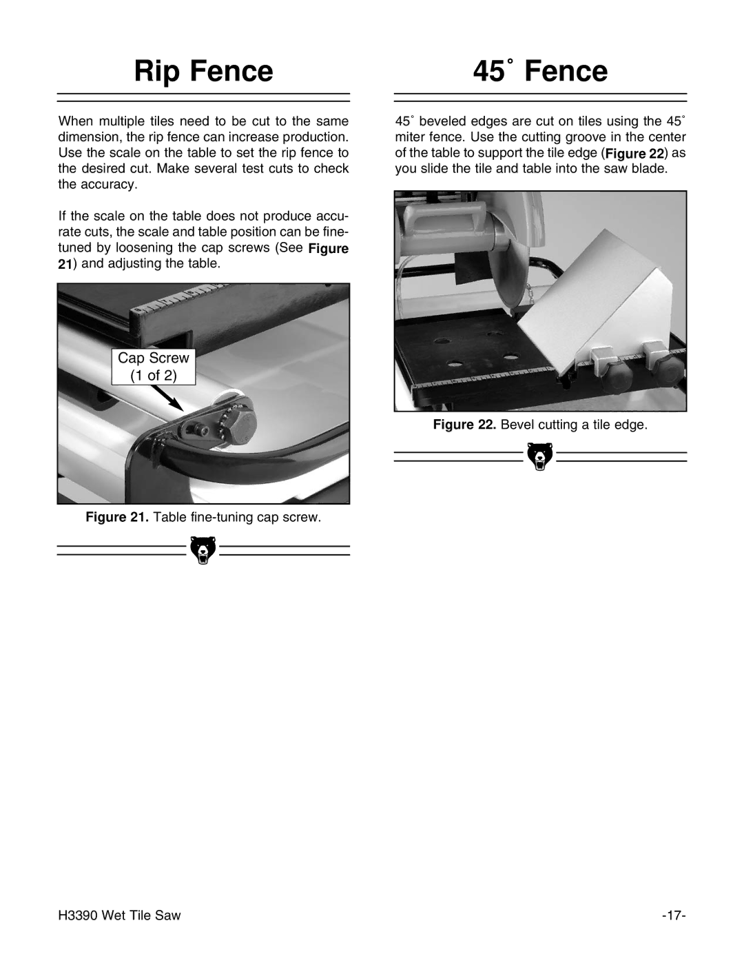 Grizzly H3390 instruction manual Rip Fence 45˚ Fence, Table fine-tuning cap screw 