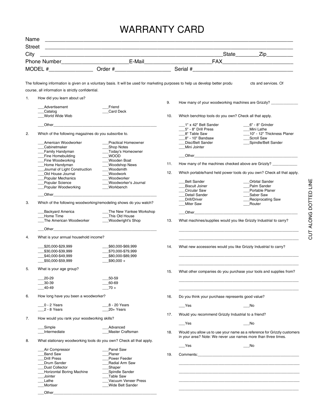 Grizzly H3390 instruction manual Warranty Card 