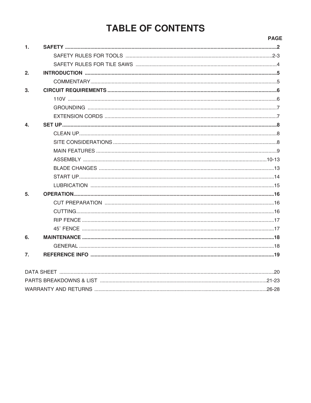 Grizzly H3390 instruction manual Table of Contents 