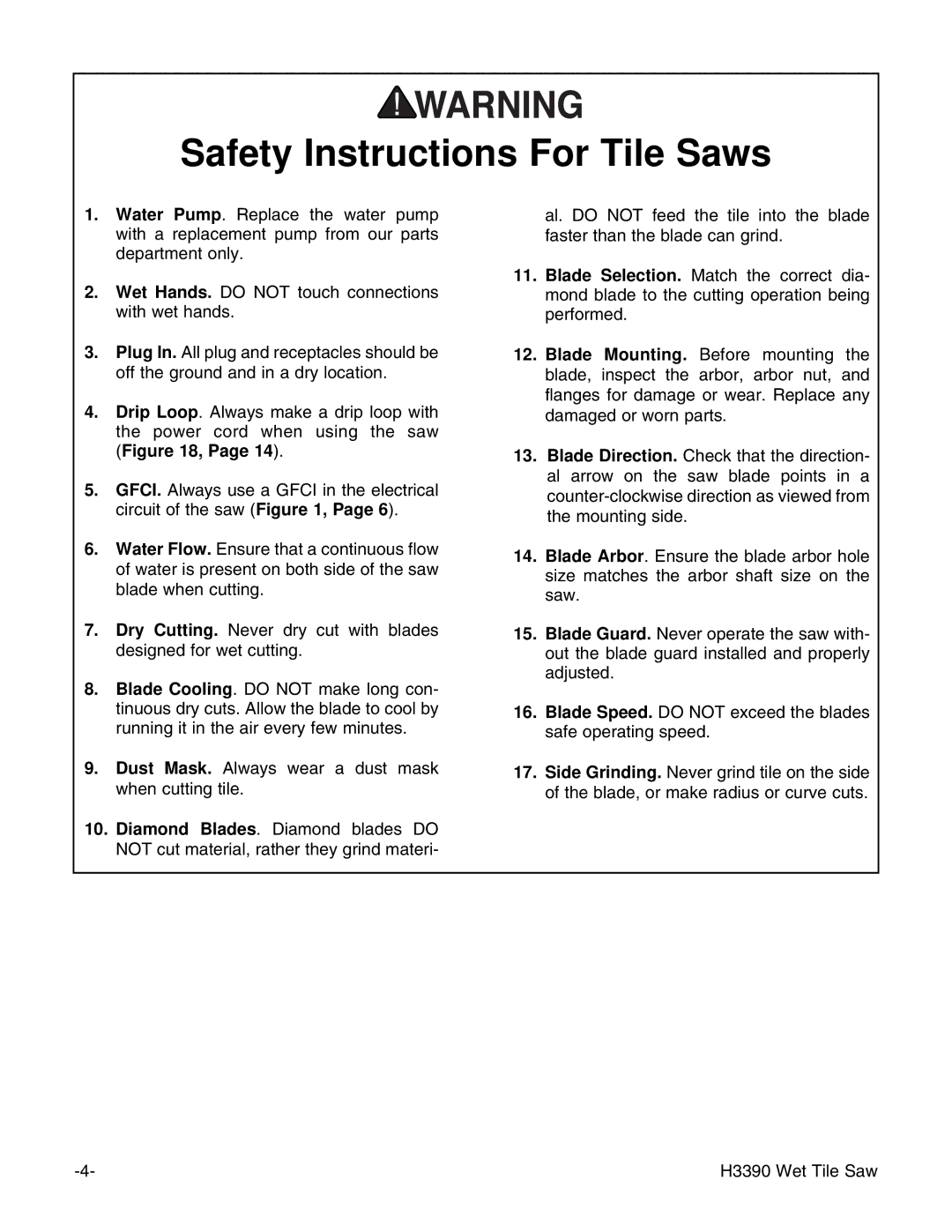 Grizzly H3390 instruction manual Safety Instructions For Tile Saws 