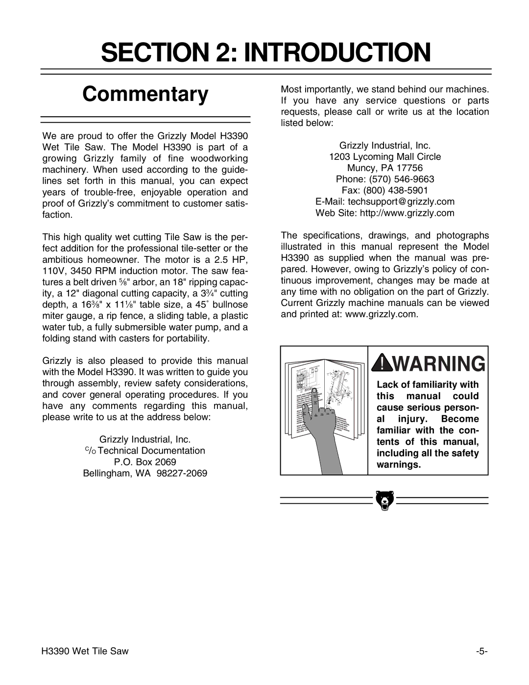 Grizzly H3390 instruction manual Introduction, Commentary 