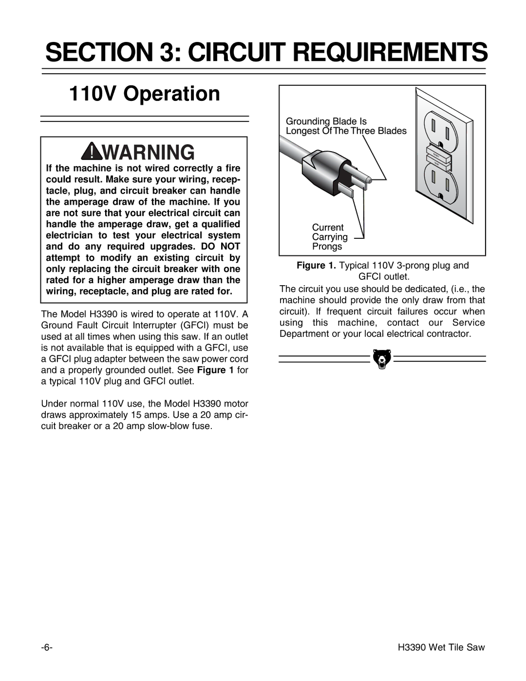 Grizzly H3390 instruction manual Circuit Requirements, 110V Operation 